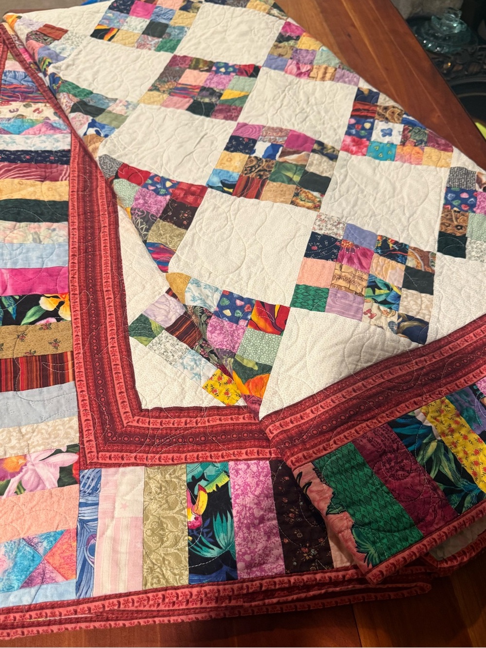 Vintage Multicolor Patchwork Quilt with Red Border